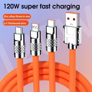 ♥【Readystock】 + FREE Shipping ♥ 1.2M/2M 120W 6A 3 In 1 Fast Charging Cord For IPhone Micro USB Type C Charger Cable Multi Usb Port Multiple Usb Charging Super Fast