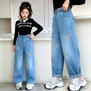 Kids Loose-fit Denim Jeans With Star Pattern Girls Wide-leg Casual Mid-rise Korean-style Straight-leg Pants