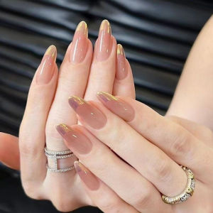10Pcs French Elegant Charm Fake Nails with Glue Sticker Almond Water Droplet Type Fake Nail Woemen Nail Art