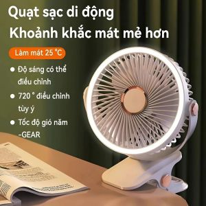 Quạt tích điện để bàn quạt kẹp bàn mini tích hợp đèn led 3 tốc độ gió xoay 720° dung lượng 1200mAh - Life Style 4U