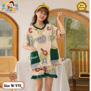 Piyama Wanita Import Pendek Bahan Katun Premium Setelan Baju Tidur Kelinci Krem  Size M-XL