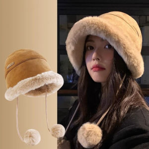 MYCOLOR Ethnic Style Womens Plush Hat Windproof Autumn Winter Fluffy Fur Bucket Hat Fashion Warm Ear Protection Hat Female