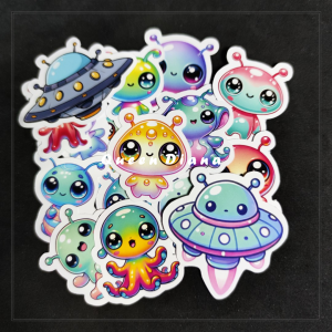 isi 17 pcs stiker alien chibi imut stiker pesawat ufo stiker tema angkasa luar