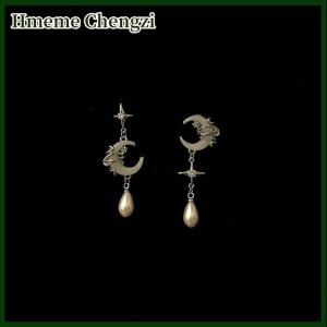 Hmeme Fashion Asymmetric Shiny Star Moon Drop Earrings For Women Exquisite Metal Crystal Pearl Jewelry Accessories