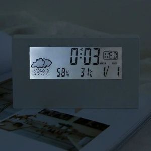 เครื่องวัดอุณหภูมิแบบมัลติฟังก์ชั่นเทอร์โมไฮโกรมิเตอร์พร้อมไฟ LED ตัววัดอุณหภูมิความชื้นนาฬิกาตั้งโต๊ะดิจิทัลนาฬิกาปลุกอิเล็กทรอนิกส์สำหรับบ้าน
