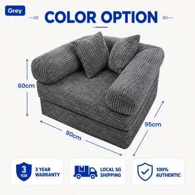 【Kaki.SG】3-In-1 Foldable Sofa Bed Single Spring Mattress Corduroy Lounge Chair Guest Bed Lazy Sofa With 2 Free Pillows