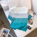 Ice Silk Top Women's Fashion Color Blocked Thin Knit Sweater for Commuting. 