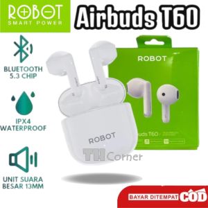 TWS ROBOT Airbuds T60 Wireless Earphone Airbuds Original Headset Bluetooth 5.3 Playtime 36jam IPX4 - Putih