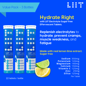 LIIT Hydration Effervescent Tablet Lemon Lime Electrolytes (3 Bottles x 22 Tablets)