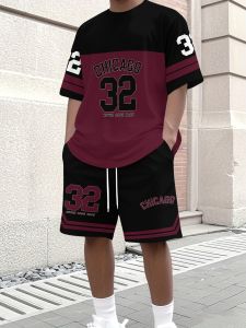 Mens Casual T-Shirt Crew Neck Short Sleeve and Shorts Set with Striking "32" Number Pattern Breathable Regular Fit for Daily and Formal Wear