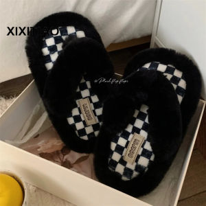 XIXITIAO ใหม่สุดสร้างสรรค์ใส่ในฤดูใบไม้ร่วงและฤดูหนาวกระดานหมากรุกลายสก็อตนิ่มแฟชั่นด้านล่างรองเท้าบุนวมผ้าฝ้ายกลางแจ้งในบ้านของผู้หญิงรองเท้าแตะผ้ากำมะหยี่