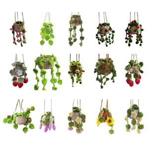 Handmade Crochet Strawberry Flower Car Mirror Hanging Decors Woven Ornament For Vehicle Interior Accessories