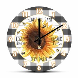 FFBH Sunflower And Bees Decorative Silent Wall Clock For Farm House And Honey Bee Farm Organic Fresh Open Daily Wildflower Wall Watch Q3P9R