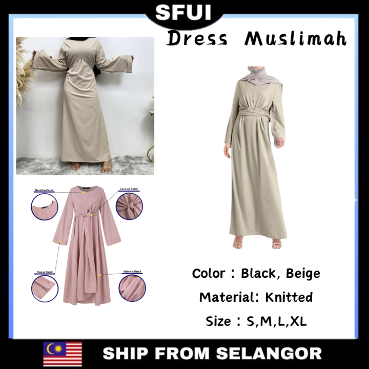 Sfui Malay Muslim Elegant Dress Plain Women Long Sleeve Belted