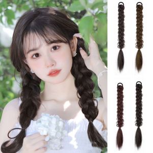BAIXL Tóc Giả Tóc đuôi ngựa bện Tổng hợp Băng đô co giãn Tóc nối đuôi ngựa Dễ thương Nâu Bím tóc xoắn Bé gái