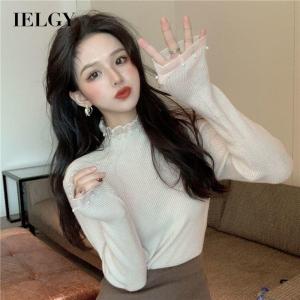 IELGY ผู้หญิงออกแบบมุกลูกไม้ครึ่งคอเต่าแขนยาวเสื้อกันหนาว