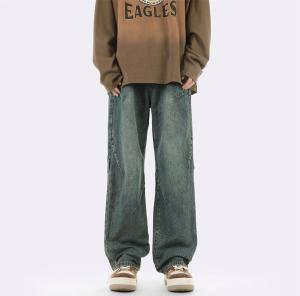 IELGY กางเกงยีนส์ผู้ชายกางเกงยีนส์กางเกงหลวมทรงตรงสีตัดกัน