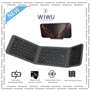 WiWU FMK-05 Foldable Wireless Bluetooth 5.2 Keyboard | Ultra-Slim Portable Rechargeable Keyboard for Tablet Smartphone Laptop | Type-C Fast Charge Quiet Keys | Includes Folding Stand & Carry Pouch