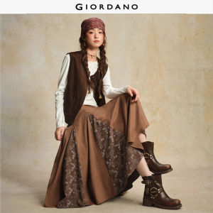 GIORDANO Women Skirts Vertical Floral Print Patchwork Suede Skirts High Waist Retro Fashionable Casual Maxi Skirts 18465531