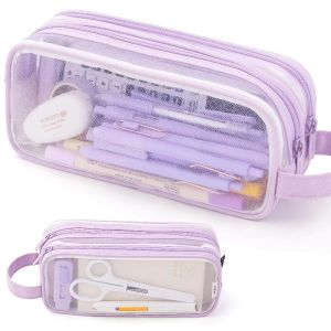 Large Mesh Pencil Case Double Layer Transparent Pencil Pouch Handheld Multifunctional Cosmetic Bag Suitable for School Office