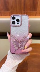 Ốp điện thoại iPhone 17 Pro Max đính đá hình bướm cho iPhone 12 13 14 15 16 Plus màu gradient mạ điện sang trọng