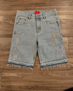 Y2K Gothic Diamond Cross Embroidery Denim Shorts American Retro Blue Gym Shorts Rhinestone Streetwear Hip Hop Men Women Jorts2026