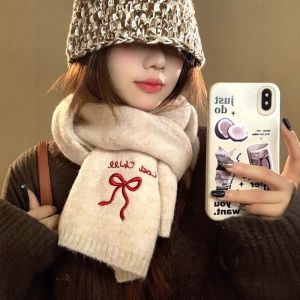 MZP Bowknot Embroidery Bow Scarf Cashmere Letter Knitted Scarves Elegant Warm Wool Shawl Women/Men