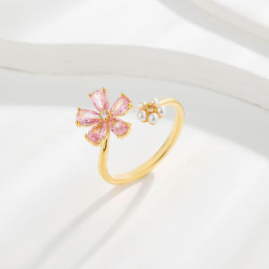 Elegant double-flower open ring niche light luxury exquisite index finger ring real gold plated popular adjustable ring
