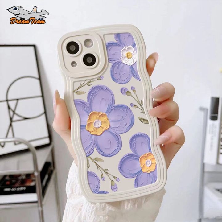 Simple Purple Flowers Oil Painting Wave Border Phone Casing Soft