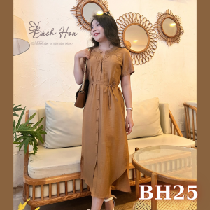 Đầm suông tà xẻ có dây eo gài nút bọc vải lụa linen xước - BH25