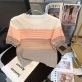 Ice Silk Top Women's Fashion Color Blocked Thin Knit Sweater for Commuting. 