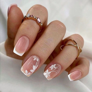 Spring Summer Artificial Nail 24Pcs Glossy French Tip Square Press on Nail with Floral Art Nail Decors Office Wear Nail