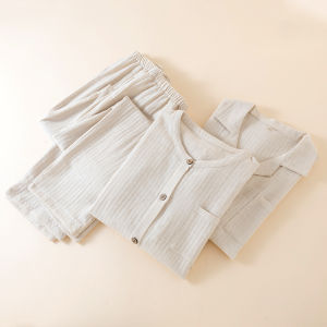 Mens pajamas spring and autumn new cotton and linen lapel cardigan long-sleeved trousers set loose and comfortable plus size loungewear