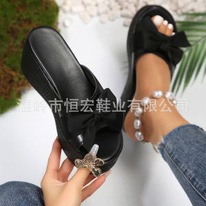 [Free Shipping] Thick-Soled Wedge Sandals For Women New Summer Styles Versatile High Heels With A Bow Design Breathable And Non-Slip
