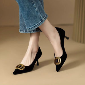 Free Shipping 2026 Spring/Autumn WomenS Pointed-Toe Shallow-Cut Elegant Black Work Shoes With A Medium Heel And A Slender Stiletto Heel
