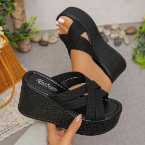 [Free Shipping] 2026 Summer New Collection: Thick-Soled Wedge-Heeled WomenS Sandals Solid Color With Crisscross Straps Fashionable And Casual Suitable For Outdoor Wear And Featuring A Non-Slip Design For Beach Use
