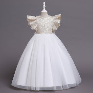 White Blue Yellow Red Bow Kids Dresses For Girls Tulle Jacquard Princess Formal Long Children Costume Wedding Party Show Ball Gown Dress for 3 4 5 6 7 8 9 10 11 12 Years Old