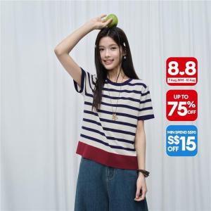 Giordano Women Contrast stripes crewneck short sleeve knitwear Free Shipping 18356810