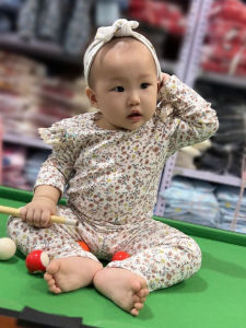 LNR Shop PA-020 Pajamas Bunga Bunga Anak Bayi Perempuan 1 - 5 Tahun Lengan Celana Panjang Motif Floral Piyama Baju Tidur Santai Floral Ribbed Cami Bahan Halus Sling Waffle Suit Versi Korea Peekaboo Korea