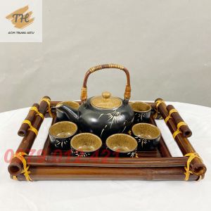 Bộ ấm chén Bộ ấm trà Bát Tràng hoạ tiết khắc trúc khay tre pha trà ngon dung tích ấm 400ml
