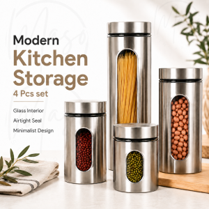 4 Pcs Airtight Food Storage Container Set – Large Stainless Steel Glass Interior Kitchen Storage for Coffee Flour Pasta Rice & Spices
