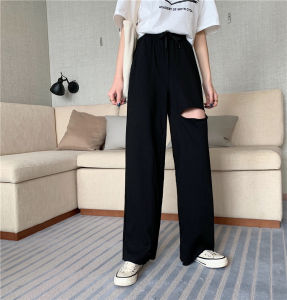 Celana Longgar Wanita Gaya Korea Pita Elastis Lebar Kaki Celana Robek Bagian Tipis Pinggang Tinggi Mengepel Celana Kasual
