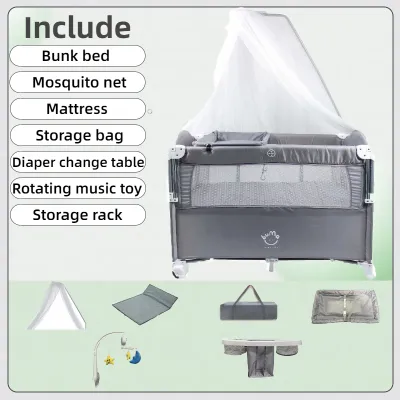 Foldable Baby Crib and 2 layer (with mosquito net storage bag hanging toys storage basket) Crib
