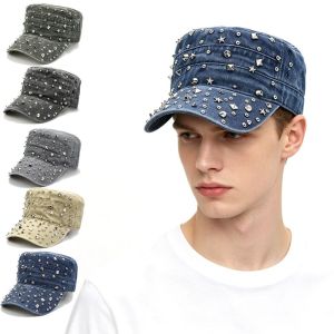 LIUJIR Y2k Mũ lưỡi trai có đinh tán Bông Ngôi sao Mũ vành phẳng Rivet Tính cách Vải denim Mũ bóng chày cổ điển Phụ nữ