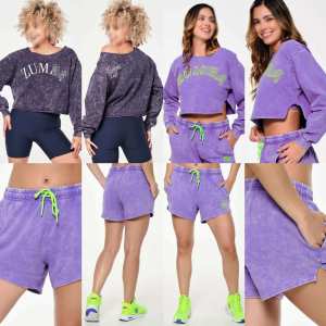 SZW All Year Round New Arrival Sports Suits for Women Light Purple Washed Distressed Short Sweatshirt Long Sleeve Shorts Fitness ClothingL728