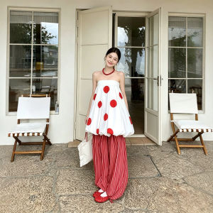2026 New Summer Women Two-Way Wear Bud Strapless Dress Striped Loose Wide Leg Pants Two Piece Outfit
