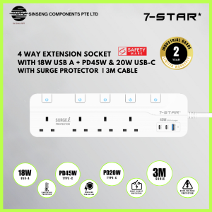 7-STAR* Premium 4 Way Extension Multi Plug Socket with Individual Switch 18W USB A + PD45W - 20W USB C Type-C with Surge Protector | 3M Cable | Safety Mark | White