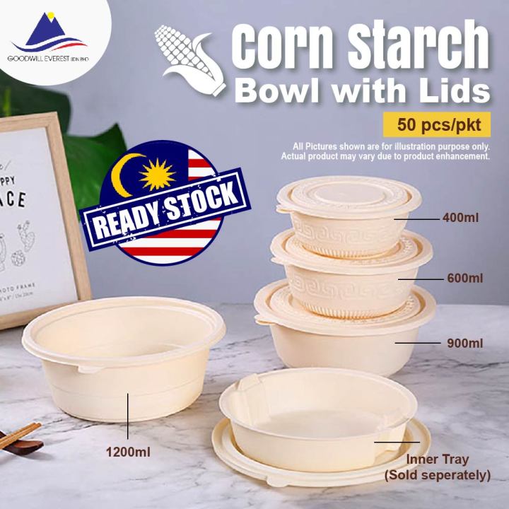 (50pcs/pkt) READY STOCK 🌽Corn Starch Bowl with Lids / Biodegradable ...