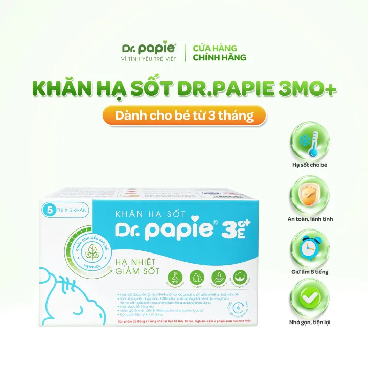 Khăn Hạ Sốt Dr.Papie 3mo+ Hạ sốt Vật lý Chuẩn Nhi Khoa, Ngăn Ngừa Co Giật Cho Bé Từ 3 Tháng Tuổi (Hộp 5 Gói x 5 Khăn/Gói)