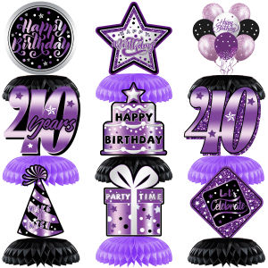 Purple Happy Birthday Decoration 9 Pcs 40th Birthday Centerpiece Table Decoration Purple Party Honeycomb Centerpieces Decorations Birthday Table Toppers for Men Women Party Supplies